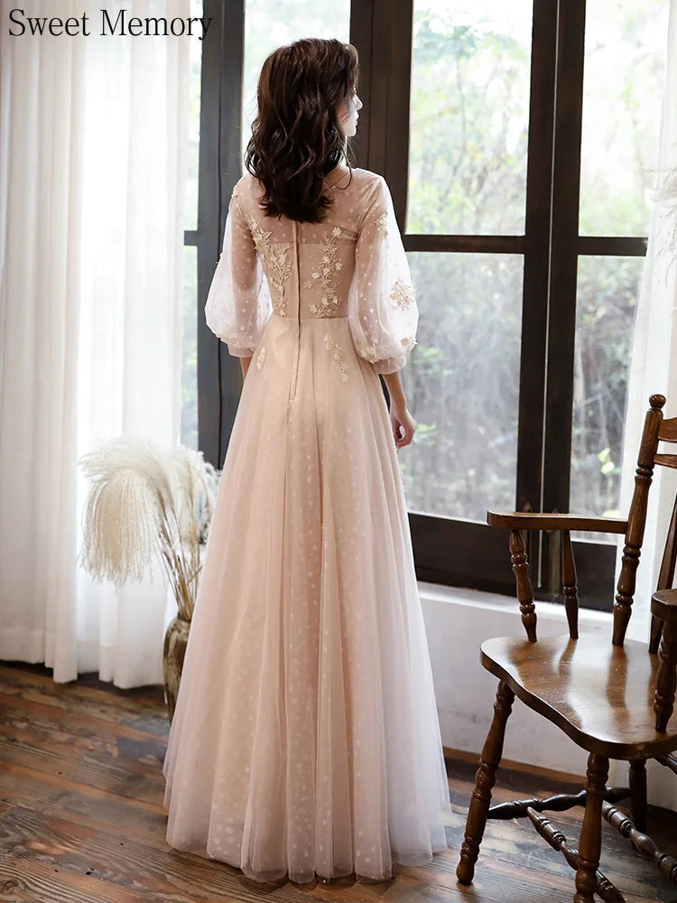 J135 Sweet Memory Long Evening Dresses Women O-Neck Appliques Three Quarter Tulle Formal Gown Graduation Prom Party Dress