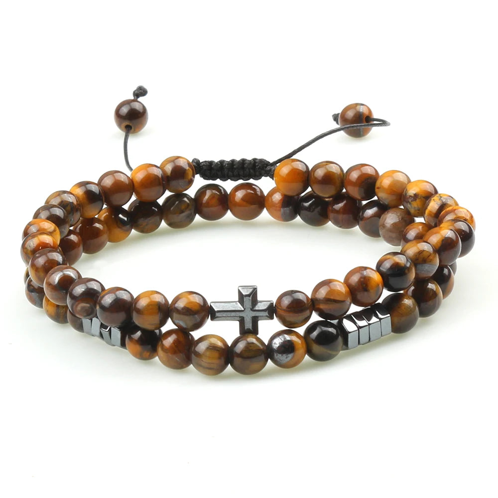 Couples Distance Beads Bracelet Fashion Hematite Cross Tiger Eye Stone Bracelets Handmade Yoga Prayer Jewelry Homme Bileklik