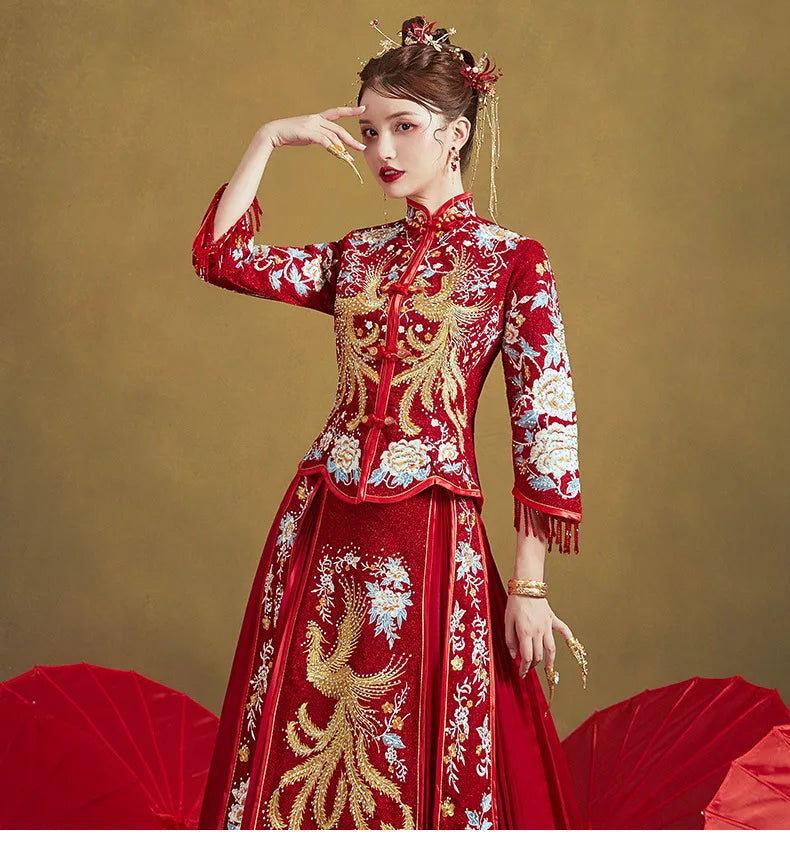 Chinese Traditional Wedding Suit Men Women Long Cheongsam Dress Stylish Elegant Bride Dragon Phoenix Vintage  китайская одежда