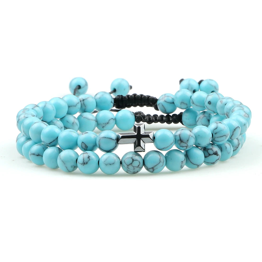 Couples Distance Beads Bracelet Fashion Hematite Cross Tiger Eye Stone Bracelets Handmade Yoga Prayer Jewelry Homme Bileklik