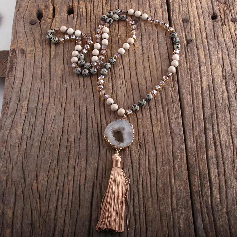 RH Fashion Bohemian Jewelry Natural Stones Crystal Knotted Druzy Stone Links Tassel Necklaces Women Gift Drop Shipping