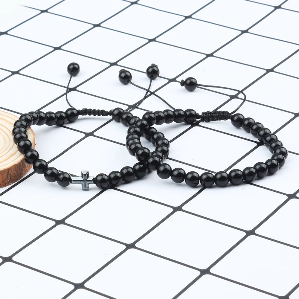 Couples Distance Beads Bracelet Fashion Hematite Cross Tiger Eye Stone Bracelets Handmade Yoga Prayer Jewelry Homme Bileklik