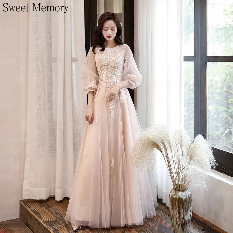 J135 Sweet Memory Long Evening Dresses Women O-Neck Appliques Three Quarter Tulle Formal Gown Graduation Prom Party Dress