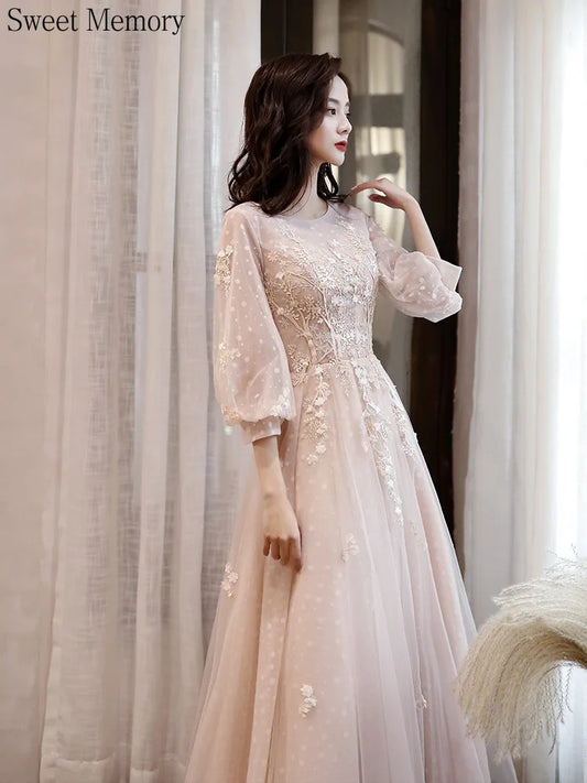 J135 Sweet Memory Long Evening Dresses Women O-Neck Appliques Three Quarter Tulle Formal Gown Graduation Prom Party Dress