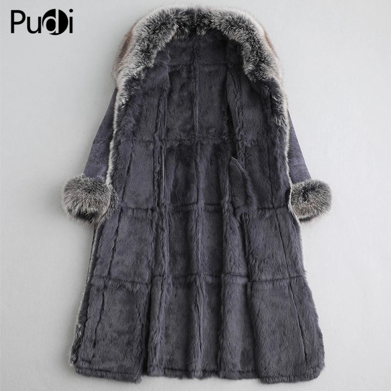 Women Hooded Vintage Polyester Fabric Coat Fox Fur Collar Rabbit Fur Lining Leisure Fall/Winter Wool Long Outwear A89105
