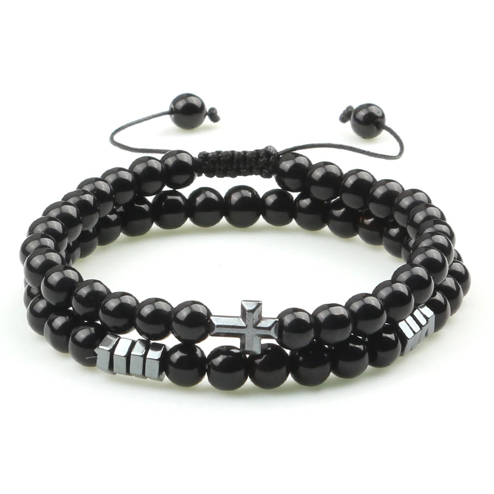 Couples Distance Beads Bracelet Fashion Hematite Cross Tiger Eye Stone Bracelets Handmade Yoga Prayer Jewelry Homme Bileklik