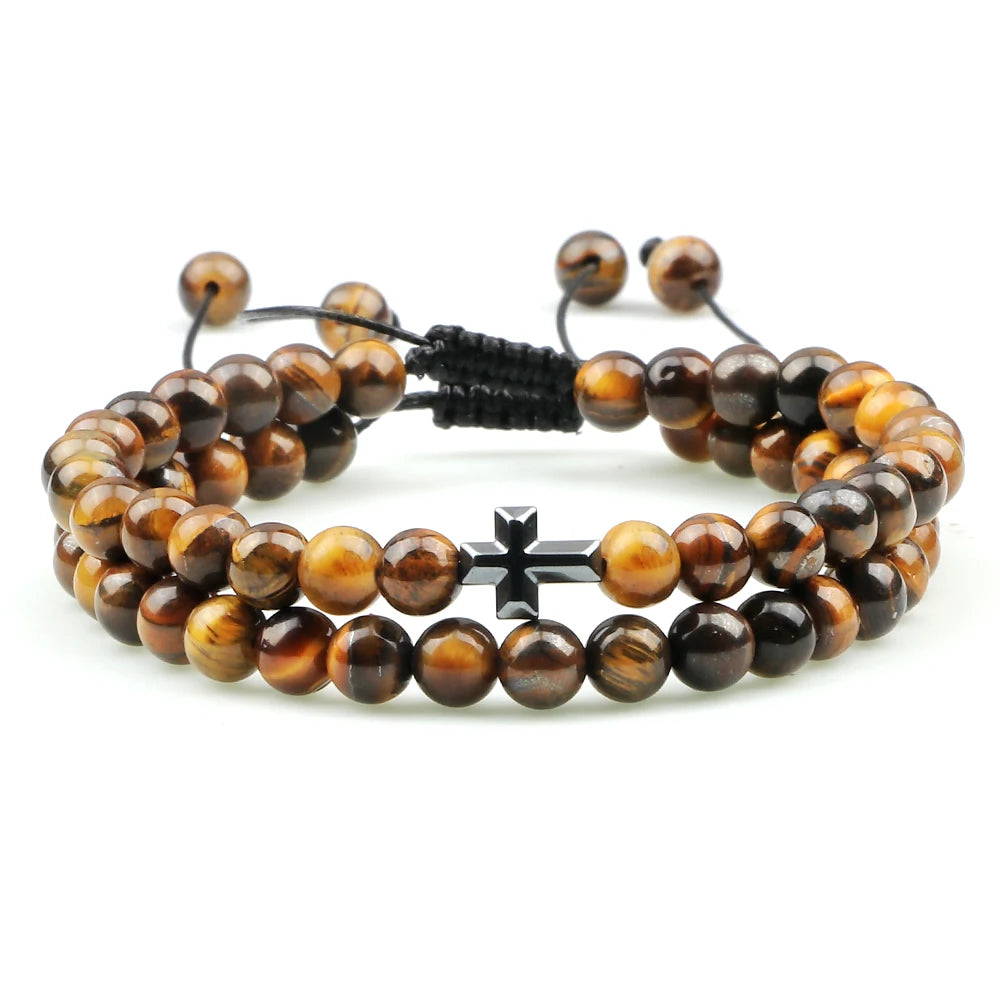 Couples Distance Beads Bracelet Fashion Hematite Cross Tiger Eye Stone Bracelets Handmade Yoga Prayer Jewelry Homme Bileklik