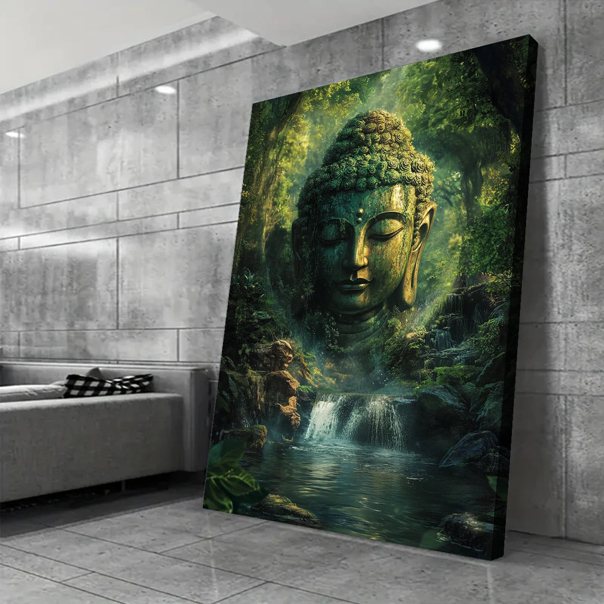 Mysterious Buddha Statue Canvas Full Edge Mural in Buddhist Style, 1.5 Inches Thick Indoor Living Room Home Decoration