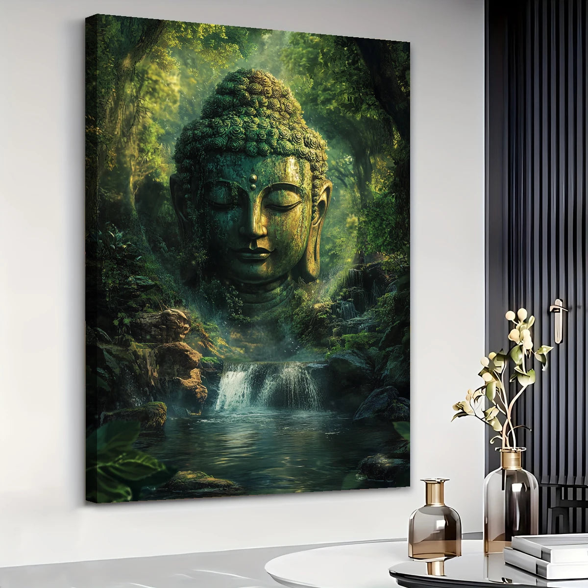 Mysterious Buddha Statue Canvas Full Edge Mural in Buddhist Style, 1.5 Inches Thick Indoor Living Room Home Decoration