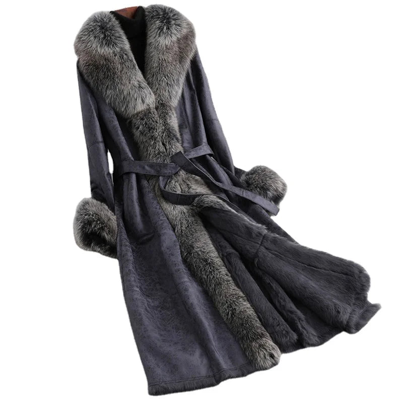 Women Hooded Vintage Polyester Fabric Coat Fox Fur Collar Rabbit Fur Lining Leisure Fall/Winter Wool Long Outwear A89105