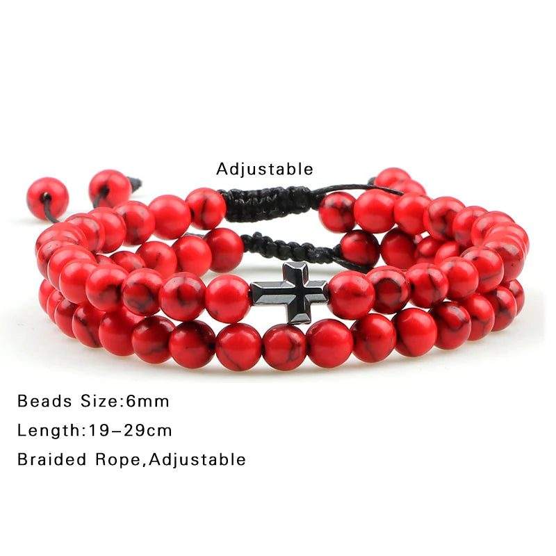 Couples Distance Beads Bracelet Fashion Hematite Cross Tiger Eye Stone Bracelets Handmade Yoga Prayer Jewelry Homme Bileklik