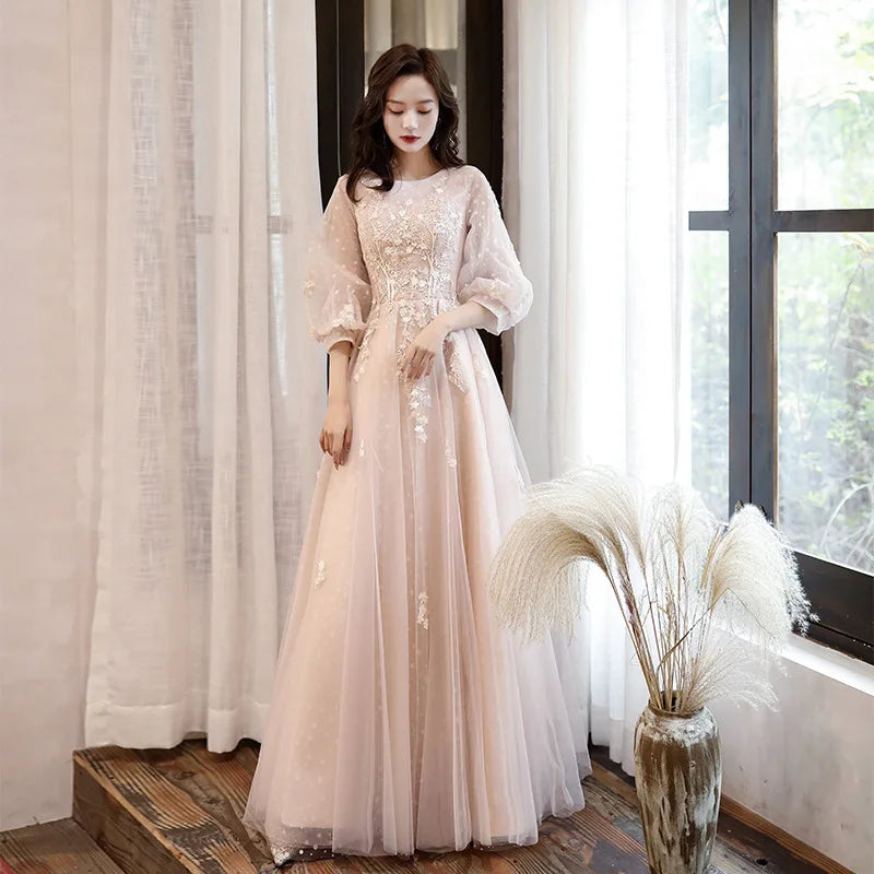 J135 Sweet Memory Long Evening Dresses Women O-Neck Appliques Three Quarter Tulle Formal Gown Graduation Prom Party Dress