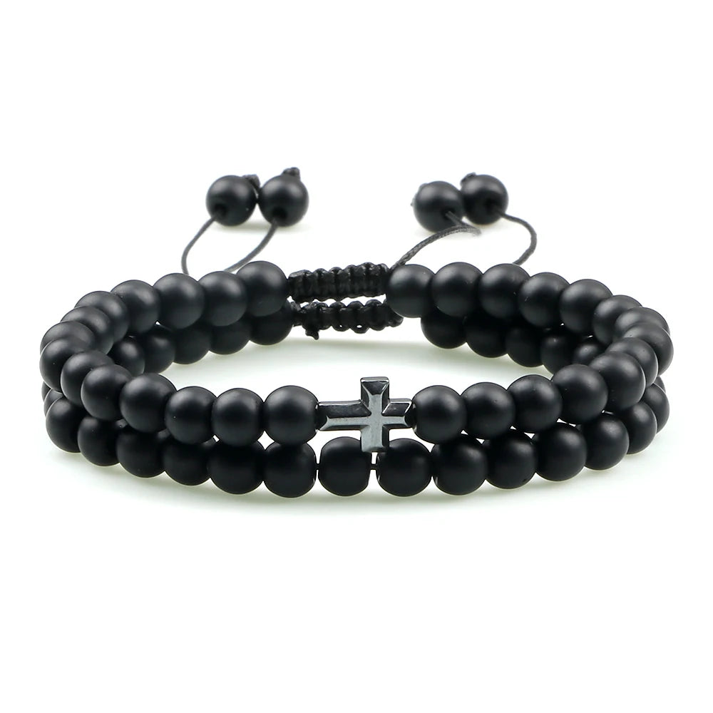 Couples Distance Beads Bracelet Fashion Hematite Cross Tiger Eye Stone Bracelets Handmade Yoga Prayer Jewelry Homme Bileklik