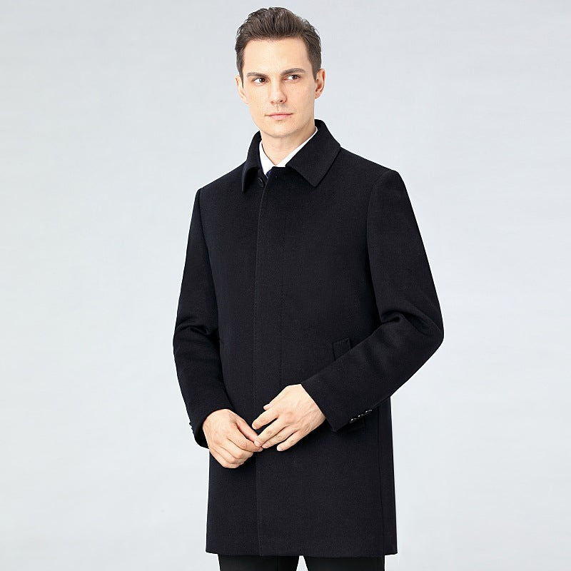 Muguo Bird High-End Men's Mid-Length Winter Coat with down Liner for Middle-Aged Fathers Woolen Jacket for Winter