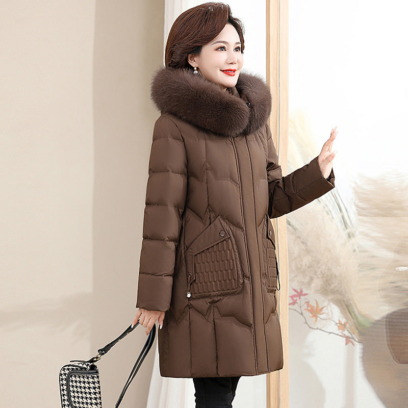 2025 down Jacket for Moms, Mid-Length Winter Coat for Middle-Aged and Elderly Women, 90% Duck Down, Thickened with Real Fur Collar, Extra Warm