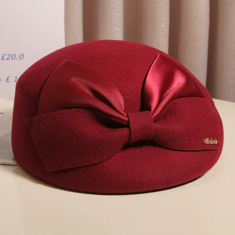 Cherub Hat Women Autumn and Winter Elegant Bow Wool Beret British Style