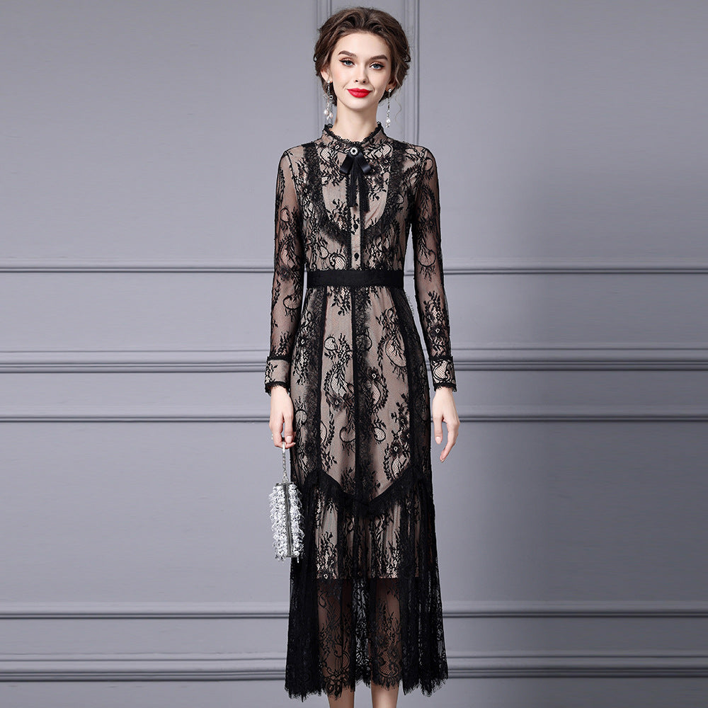 Zhili Spring Dress for Women, Long-Sleeved, High-End, Slimming, Age-Reducing, Lace Long Dress for Important Occasions, 2026 New Model