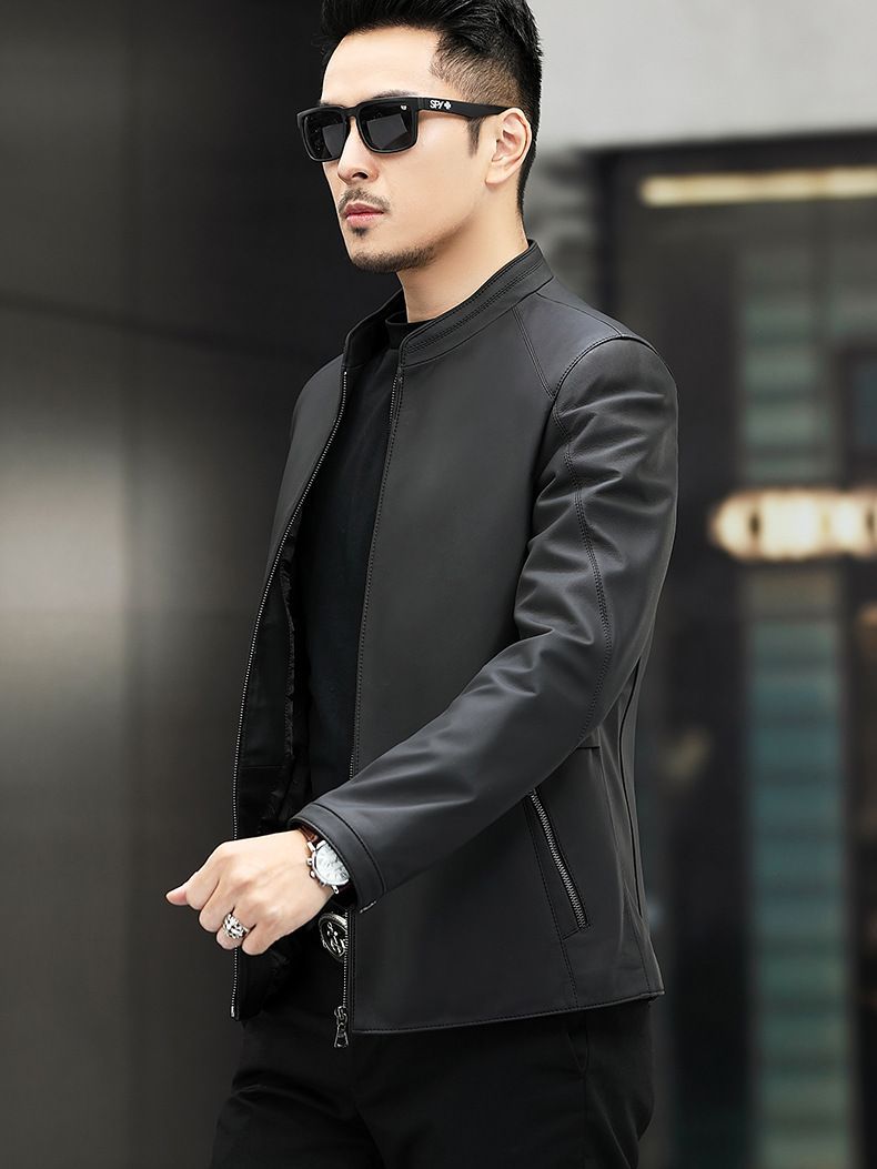 Haining Leather Jacket Spring and Autumn New Thin Genuine Leather Jacket for Men. Mat-gloss Style Collar Casual Leather Jacket