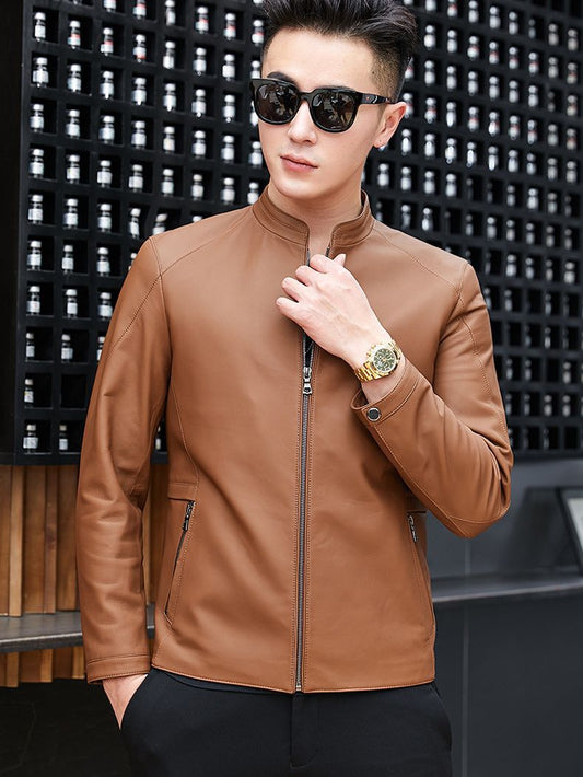 Haining Leather Jacket Spring and Autumn New Thin Genuine Leather Jacket for Men. Mat-gloss Style Collar Casual Leather Jacket