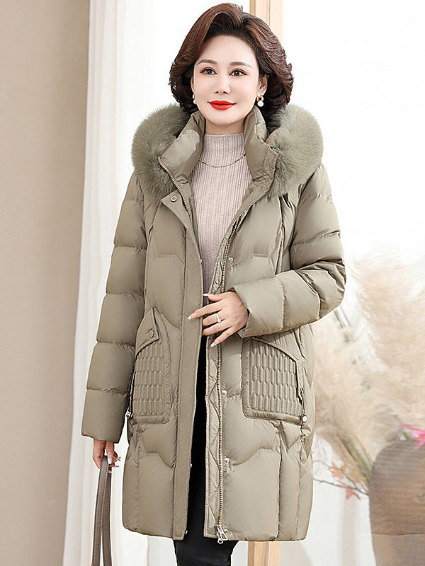 2025 down Jacket for Moms, Mid-Length Winter Coat for Middle-Aged and Elderly Women, 90% Duck Down, Thickened with Real Fur Collar, Extra Warm