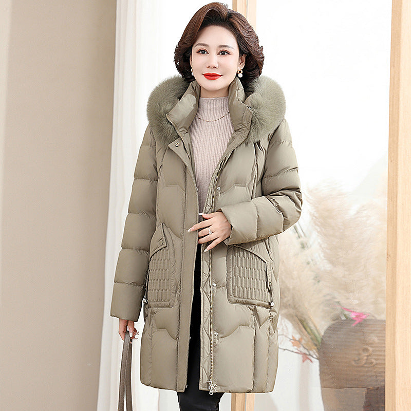 2025 down Jacket for Moms, Mid-Length Winter Coat for Middle-Aged and Elderly Women, 90% Duck Down, Thickened with Real Fur Collar, Extra Warm