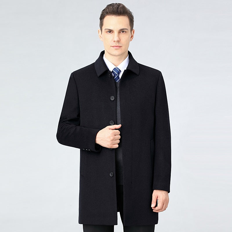 Muguo Bird High-End Men's Mid-Length Winter Coat with down Liner for Middle-Aged Fathers Woolen Jacket for Winter