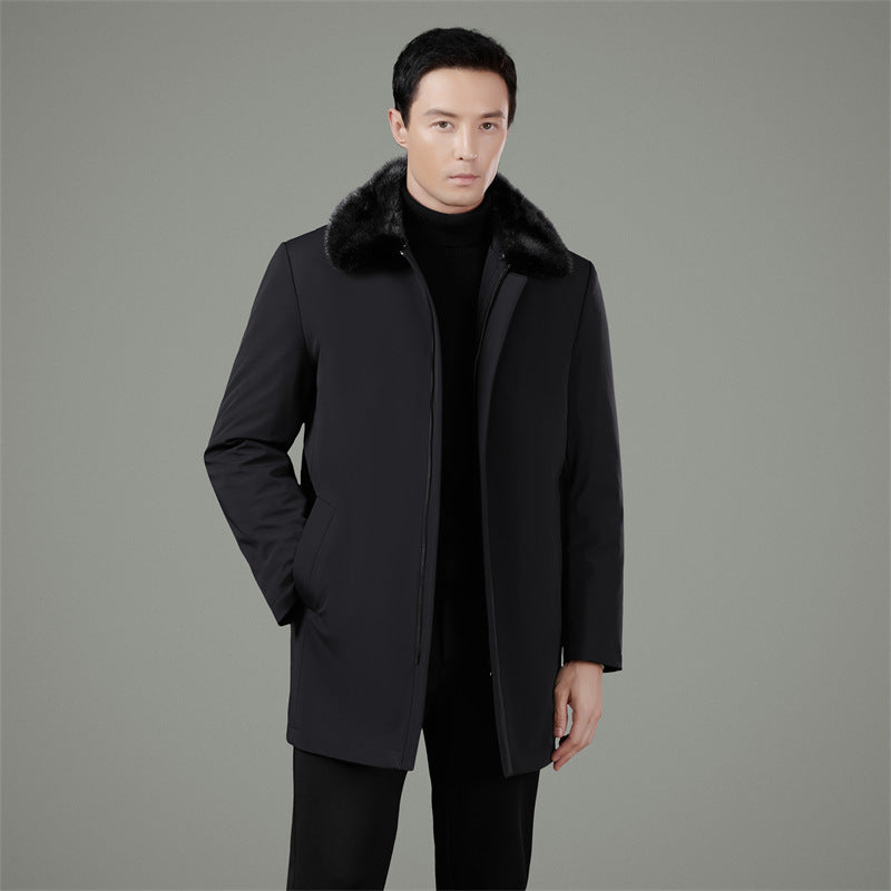Winter Luxury Men Coat with Mink Fur Collar, Gold Mink Lining, Casual Middle-Aged Dad Jacket Coat