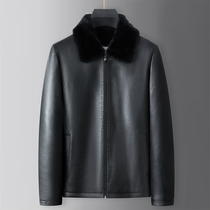 Imported Sheepskin Jacket for Middle-Aged Men with Mink Fur Lining, Wool Integrated Lapel, Short Leather Jacket, Mink Fur Coat