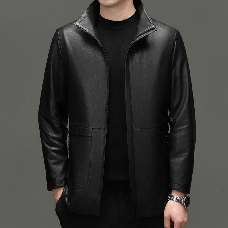 Men's Genuine Leather First-Layer Goatskin Leather Jacket Middle-Aged Stand-Up Collar Business Casual Leather Jacket Jacket Dad Top Men