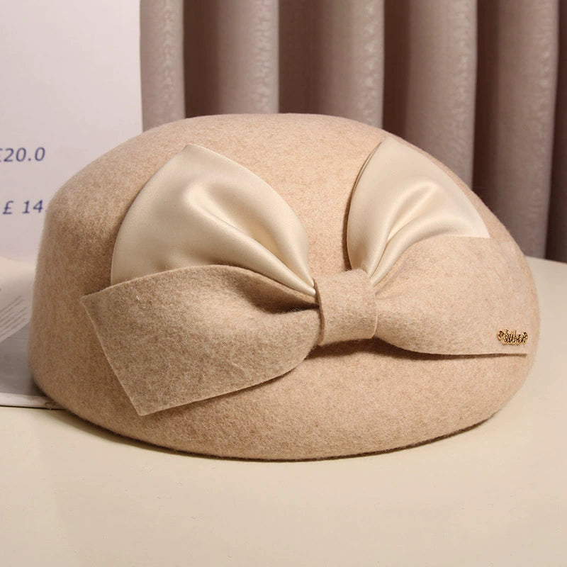 Cherub Hat Women Autumn and Winter Elegant Bow Wool Beret British Style