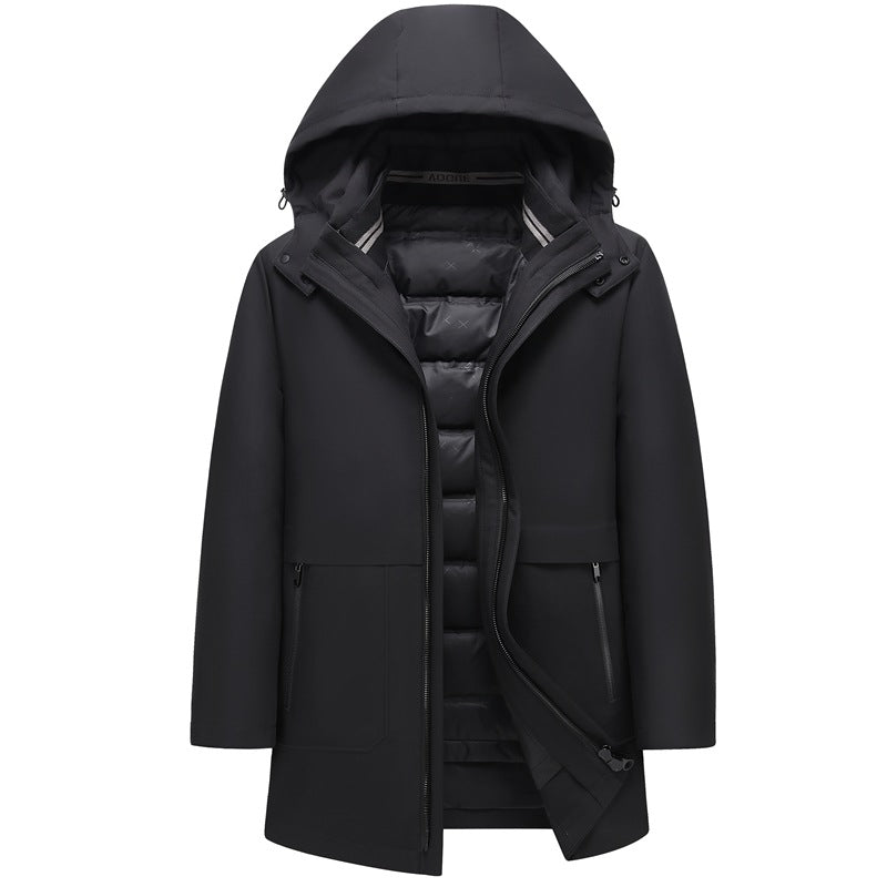 Men's Mid-length Solid Color Simple Warm Hooded Top Winter Windproof Casual White Goose Velvet Middle-aged Jacket