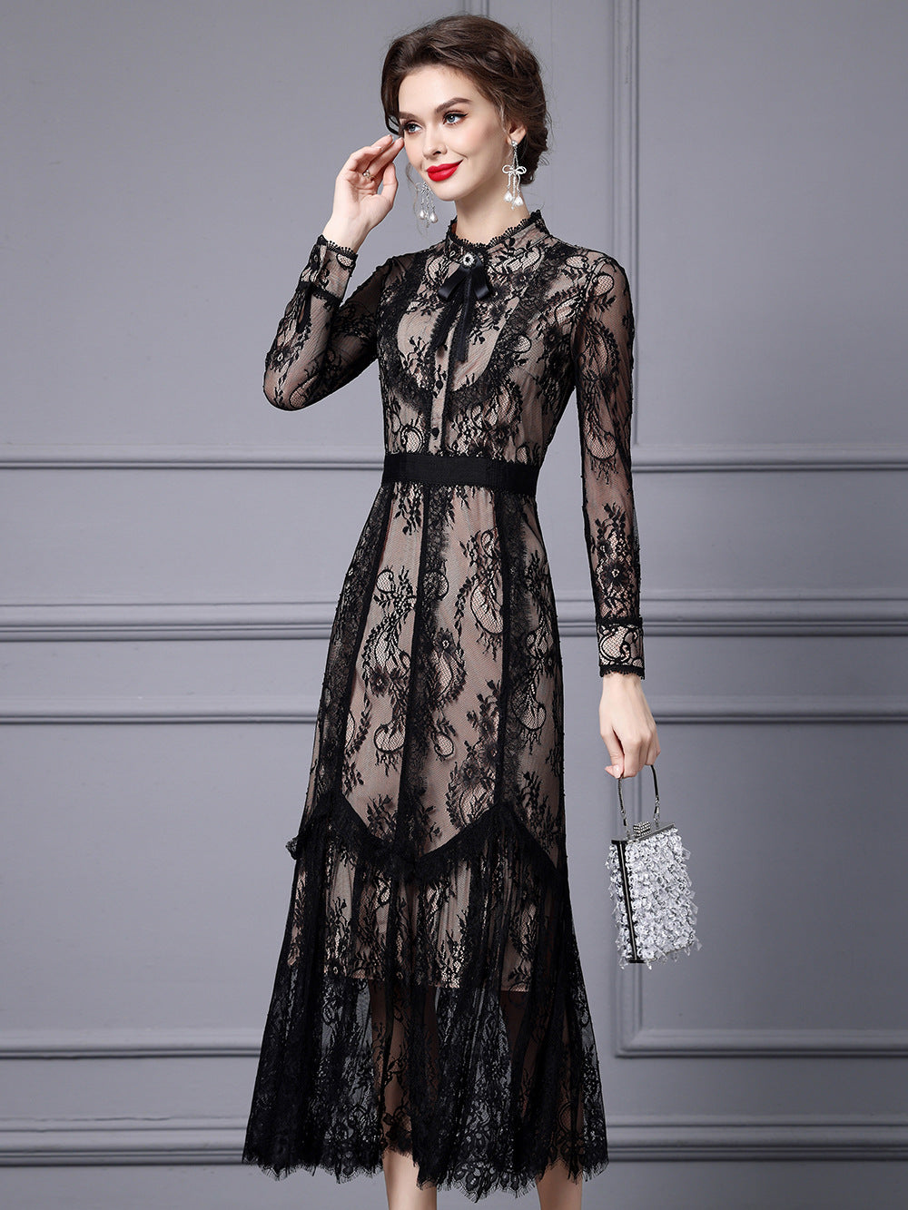 Zhili Spring Dress for Women, Long-Sleeved, High-End, Slimming, Age-Reducing, Lace Long Dress for Important Occasions, 2026 New Model