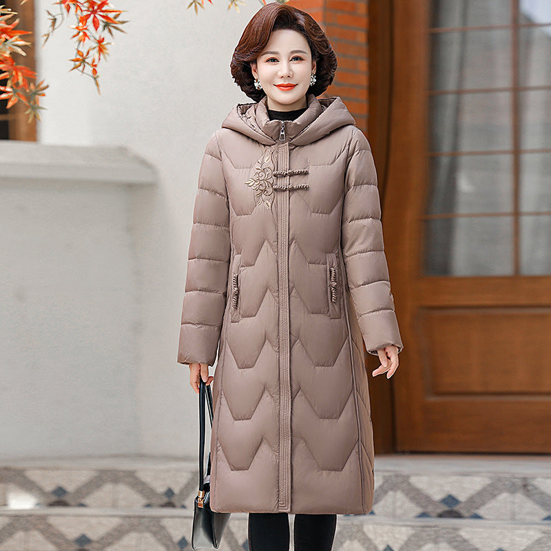 Trendy Middle Cherub Women's Long down Jacket for Petite Figures, Thickened and Warm, Fashionable Winter Coat for Moms, White Duck down Outerwear