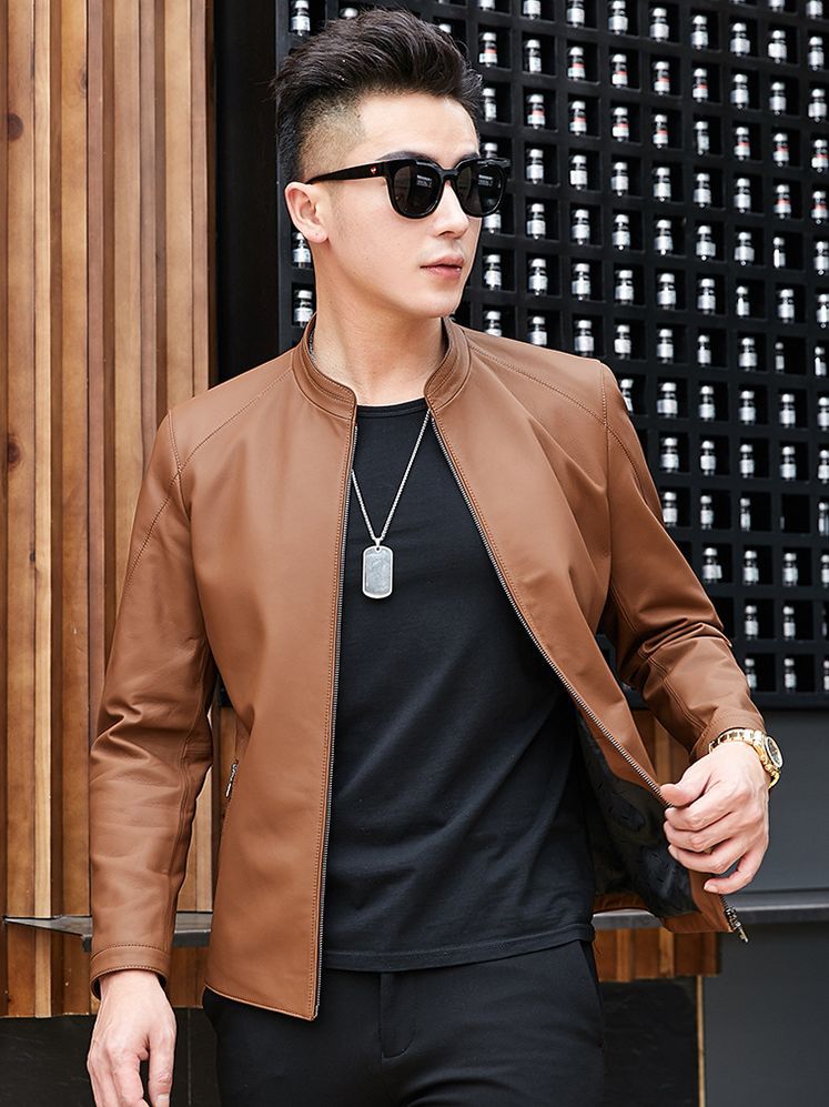 Haining Leather Jacket Spring and Autumn New Thin Genuine Leather Jacket for Men. Mat-gloss Style Collar Casual Leather Jacket