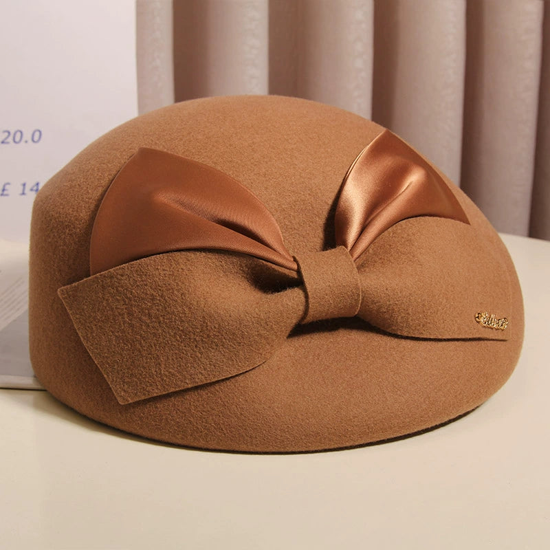 Cherub Hat Women Autumn and Winter Elegant Bow Wool Beret British Style
