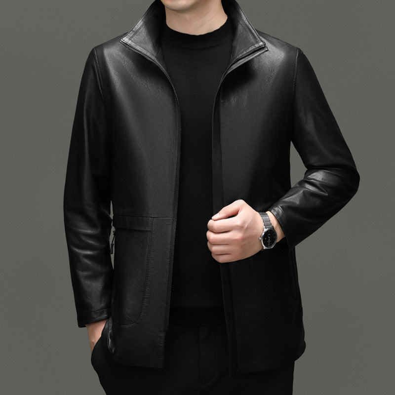 Men's Genuine Leather First-Layer Goatskin Leather Jacket Middle-Aged Stand-Up Collar Business Casual Leather Jacket Jacket Dad Top Men