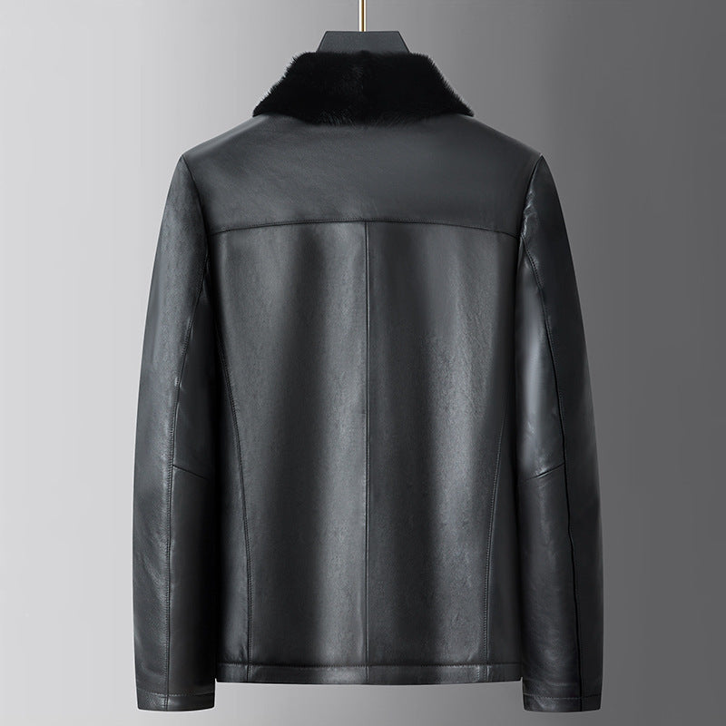 Imported Sheepskin Jacket for Middle-Aged Men with Mink Fur Lining, Wool Integrated Lapel, Short Leather Jacket, Mink Fur Coat
