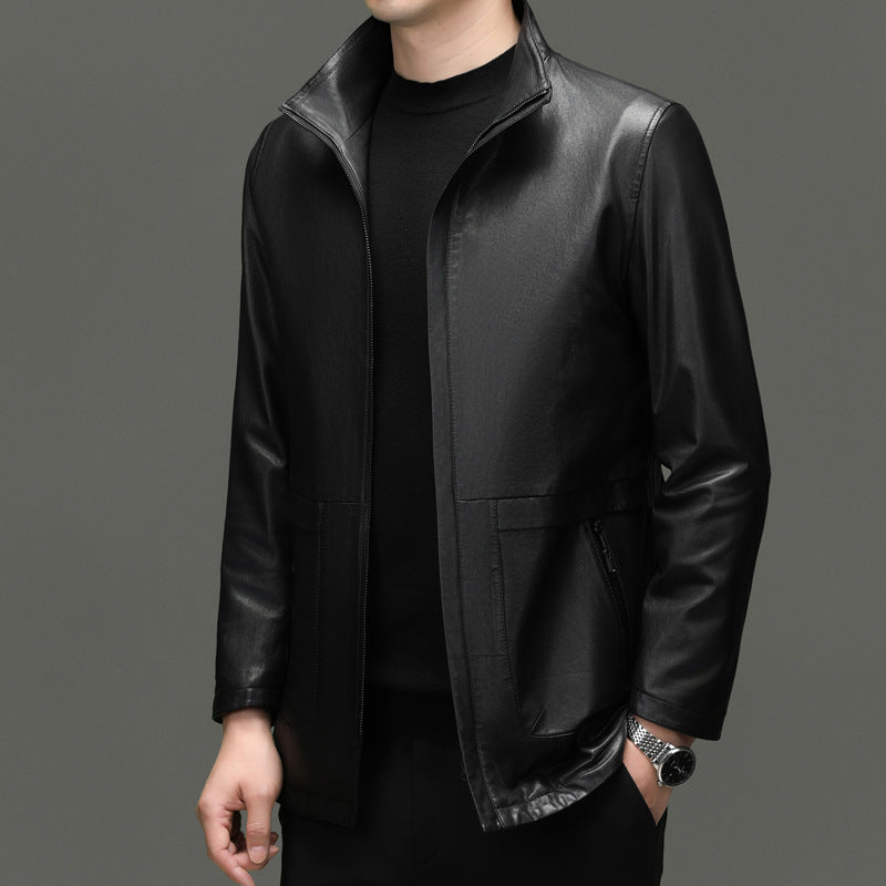 Men's Genuine Leather First-Layer Goatskin Leather Jacket Middle-Aged Stand-Up Collar Business Casual Leather Jacket Jacket Dad Top Men