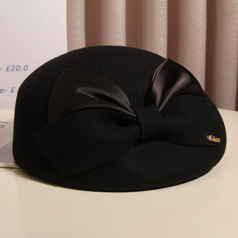 Cherub Hat Women Autumn and Winter Elegant Bow Wool Beret British Style