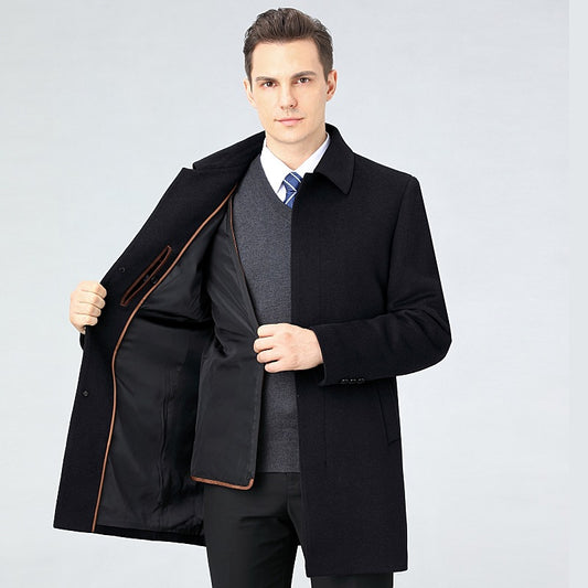 Muguo Bird High-End Men's Mid-Length Winter Coat with down Liner for Middle-Aged Fathers Woolen Jacket for Winter