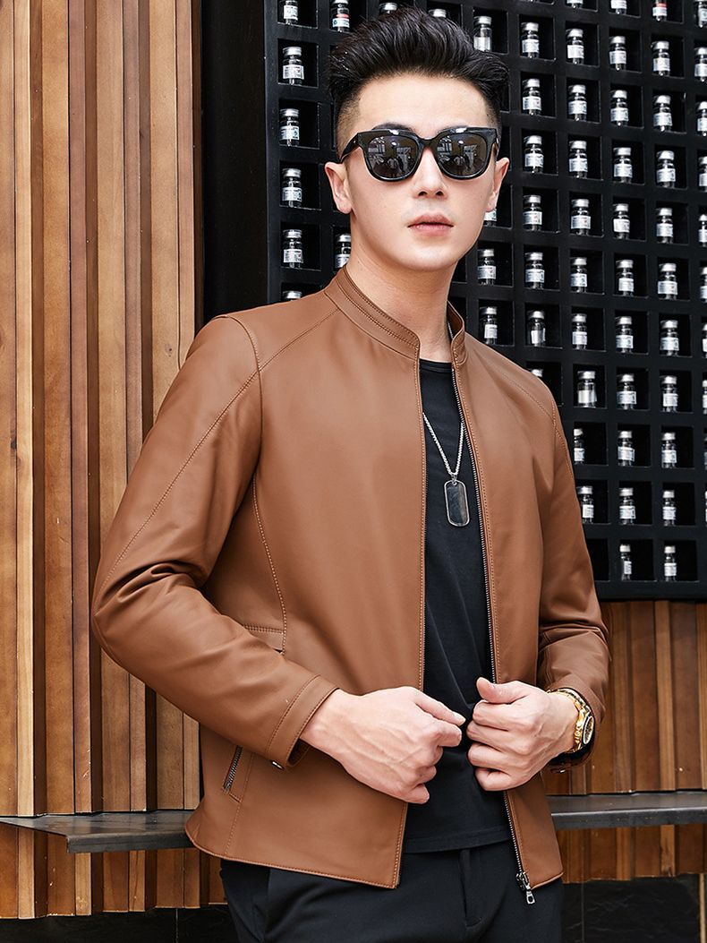 Haining Leather Jacket Spring and Autumn New Thin Genuine Leather Jacket for Men. Mat-gloss Style Collar Casual Leather Jacket