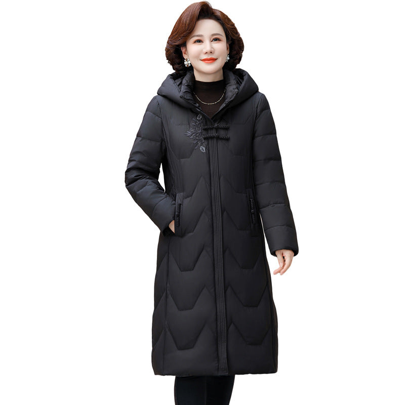 Trendy Middle Cherub Women's Long down Jacket for Petite Figures, Thickened and Warm, Fashionable Winter Coat for Moms, White Duck down Outerwear