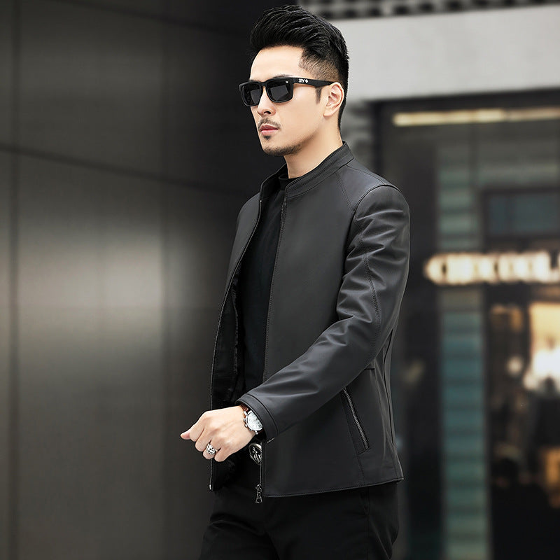Haining Leather Jacket Spring and Autumn New Thin Genuine Leather Jacket for Men. Mat-gloss Style Collar Casual Leather Jacket