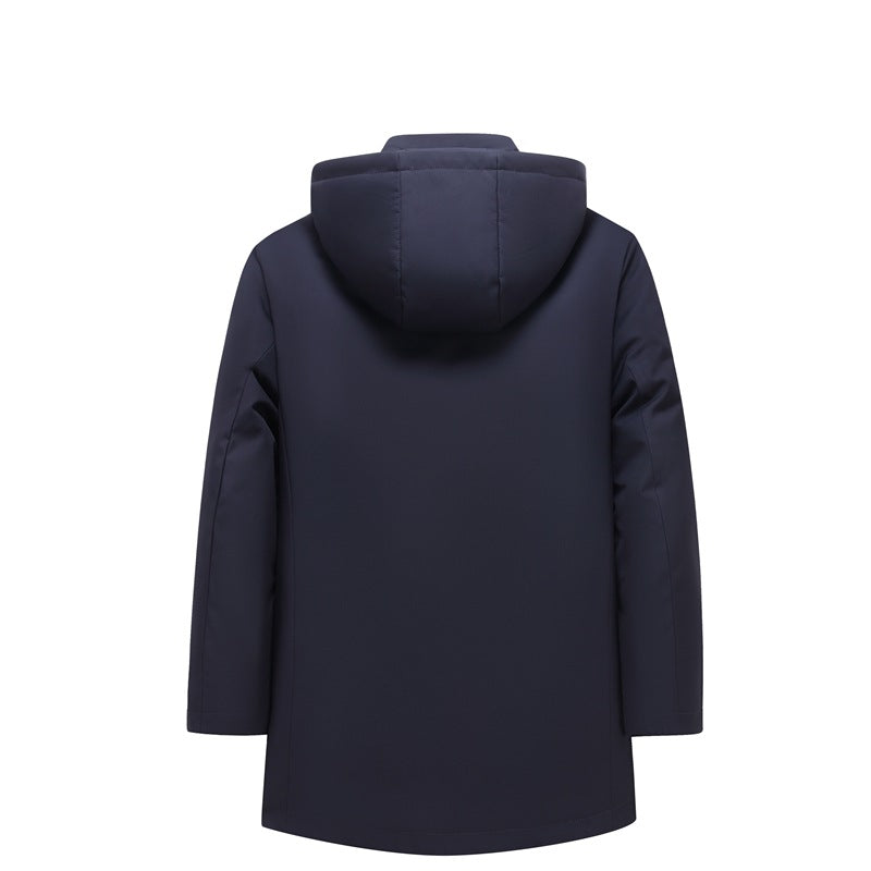 Men's Mid-length Solid Color Simple Warm Hooded Top Winter Windproof Casual White Goose Velvet Middle-aged Jacket
