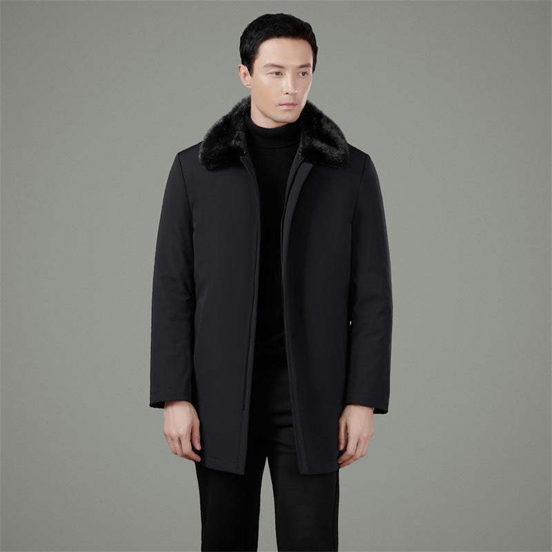 Winter Luxury Men Coat with Mink Fur Collar, Gold Mink Lining, Casual Middle-Aged Dad Jacket Coat
