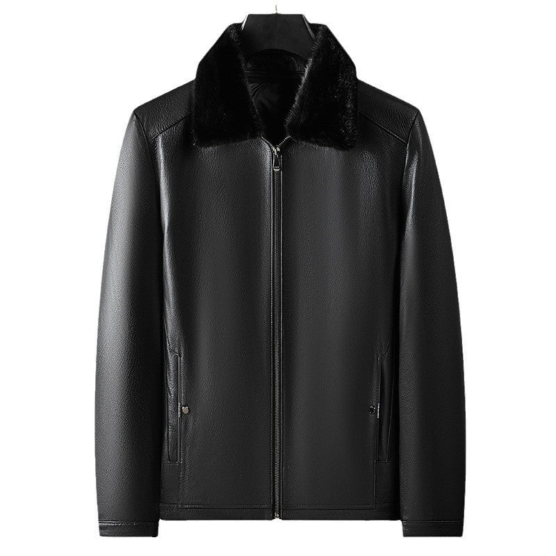Imported Sheepskin Jacket for Middle-Aged Men with Mink Fur Lining, Wool Integrated Lapel, Short Leather Jacket, Mink Fur Coat
