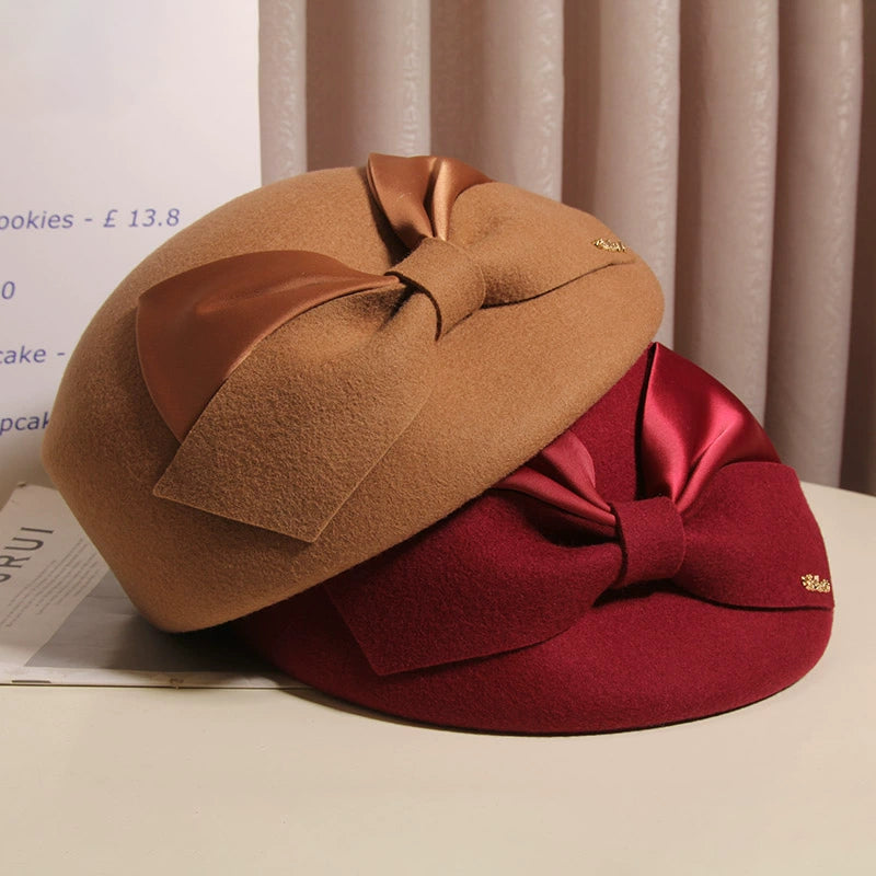 Cherub Hat Women Autumn and Winter Elegant Bow Wool Beret British Style