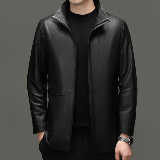 Men's Genuine Leather First-Layer Goatskin Leather Jacket Middle-Aged Stand-Up Collar Business Casual Leather Jacket Jacket Dad Top Men