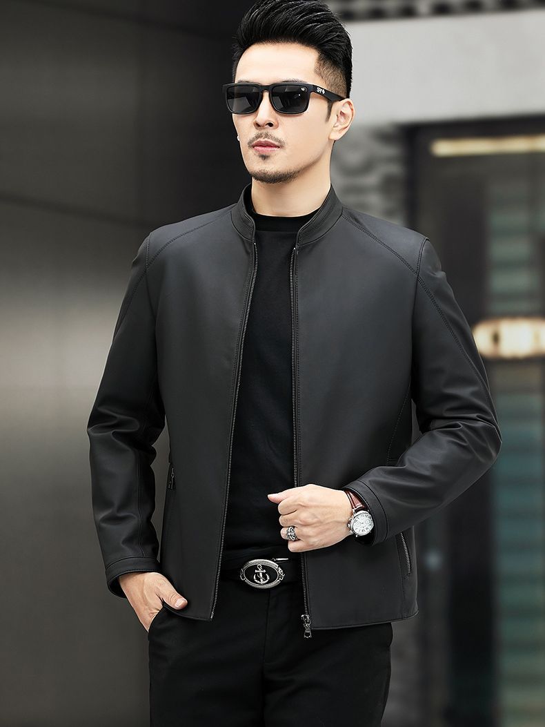 Haining Leather Jacket Spring and Autumn New Thin Genuine Leather Jacket for Men. Mat-gloss Style Collar Casual Leather Jacket