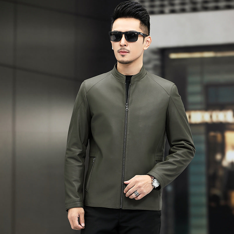 Haining Leather Jacket Spring and Autumn New Thin Genuine Leather Jacket for Men. Mat-gloss Style Collar Casual Leather Jacket